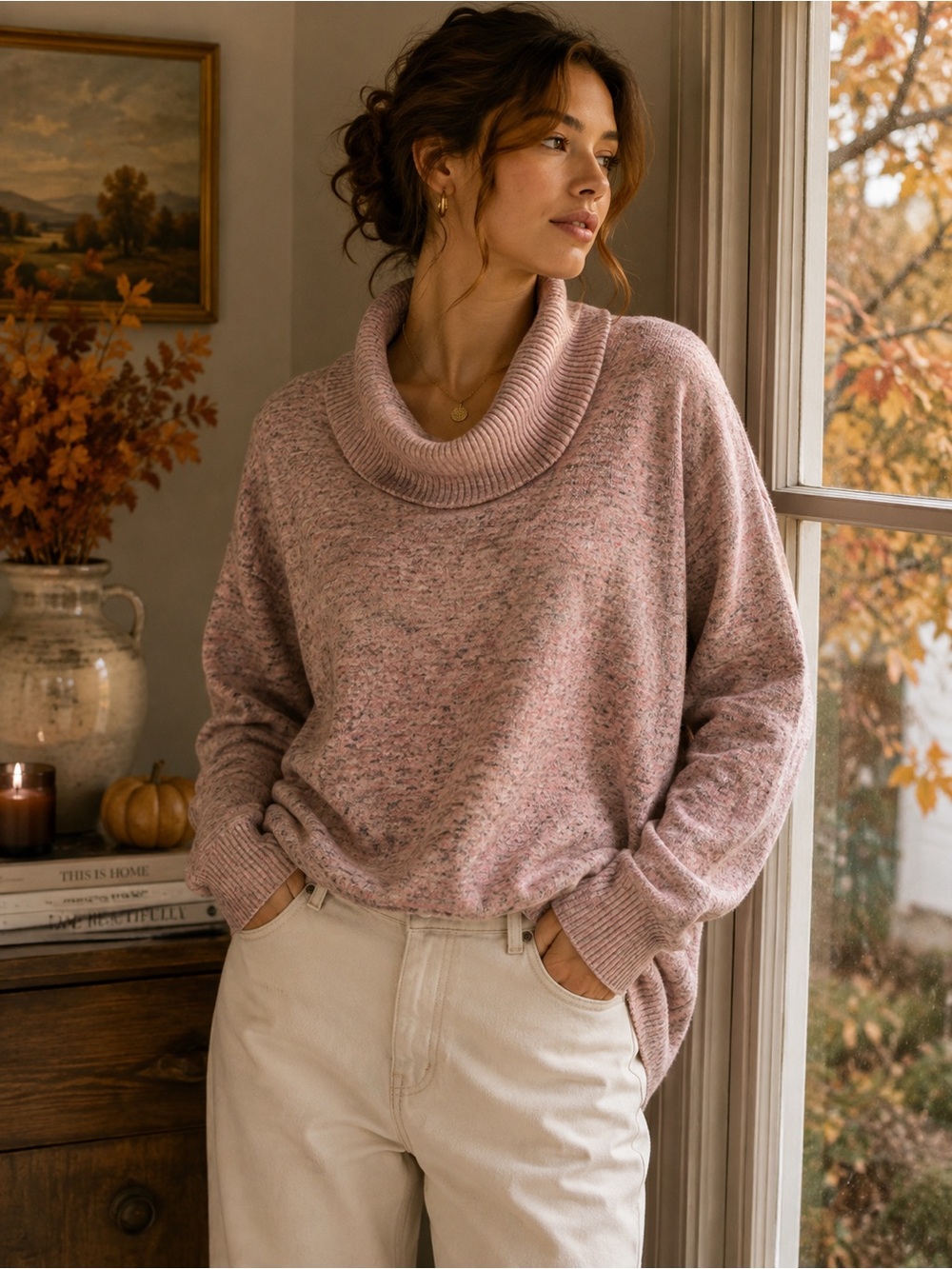 Sundance Mauve Beige Marled Cowl Neck Oversized Sweater XL Cozy Boho
